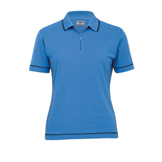 A women's retro waffle polo shirt in blue with contrasting trims and a zippered neckline. It features a logo.