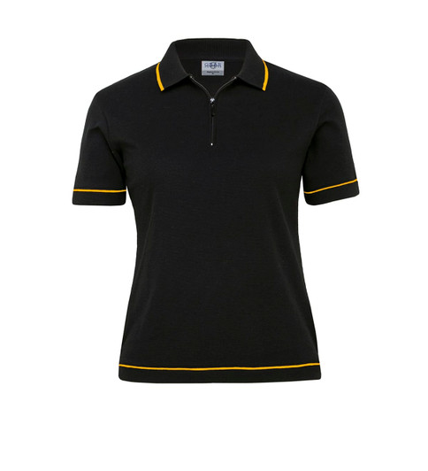 A women's black polo shirt featuring yellow trim and a zippered collar, with a logo on the chest.
