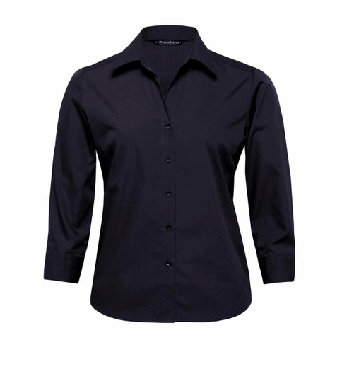 A black button-up shirt for women with long sleeves and a fitted design, featuring a logo.