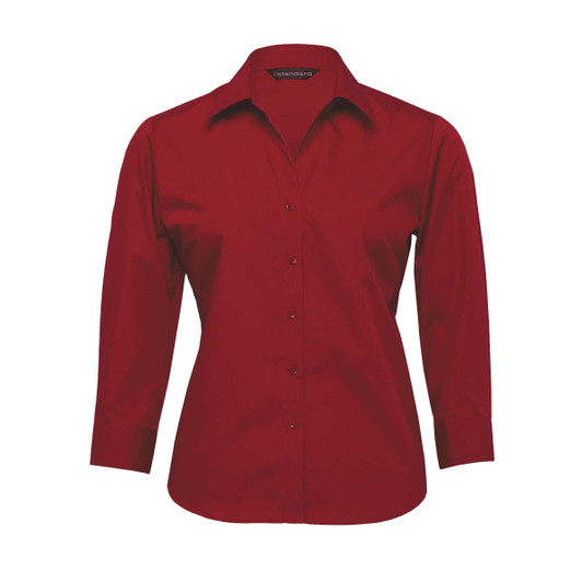 A red button-up shirt for women with long sleeves and a collar, featuring a logo.