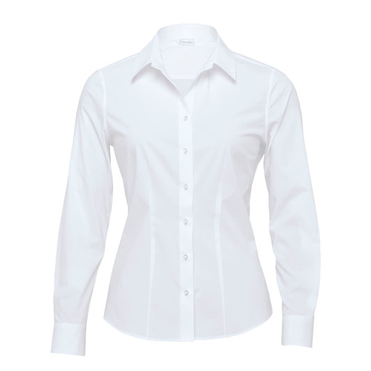 A white women's button-up shirt with long sleeves and a fitted silhouette. It features a collar and a row of buttons down the front.