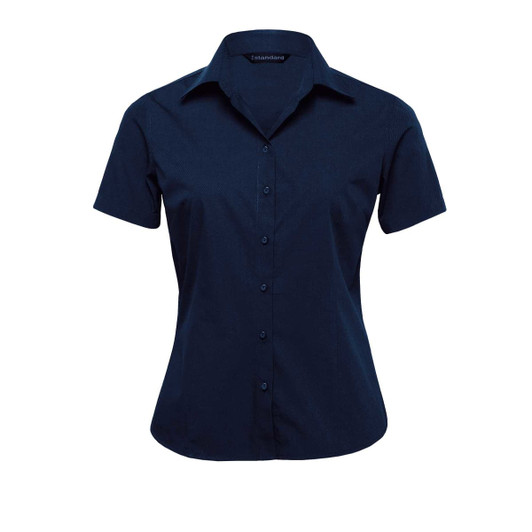 A short sleeve button-up shirt in navy blue for women, featuring a collar and a logo.