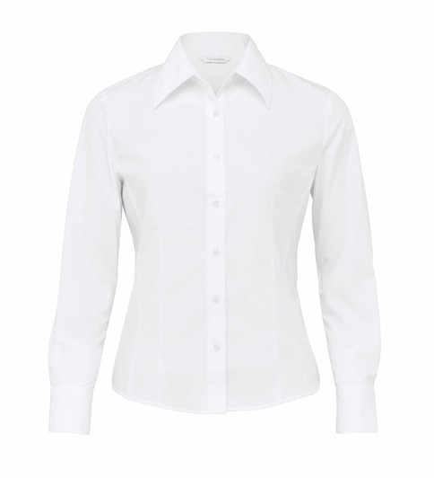 A white women's button-up shirt with long sleeves and a collar, featuring a branding logo.