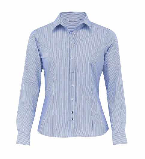 A button-up women's shirt with blue and white stripes, featuring a collar and long sleeves. It has a logo on the label.