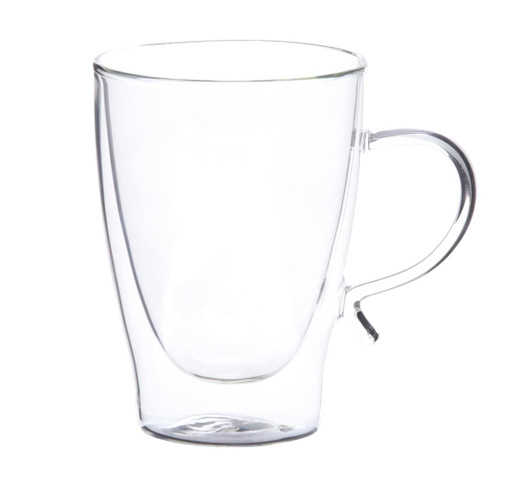 A clear glass coffee cup with a curved design and a handle, showcasing an elegant drinkware style.