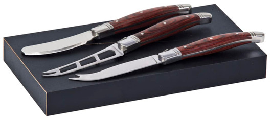 A set of three cheese knives with polished stainless steel blades and wooden handles, presented in a black box.