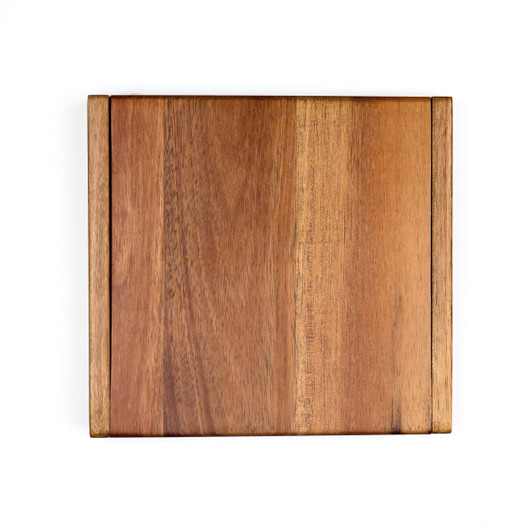 A wooden clamshell cheese board with a natural finish, featuring smooth edges and a simple design.