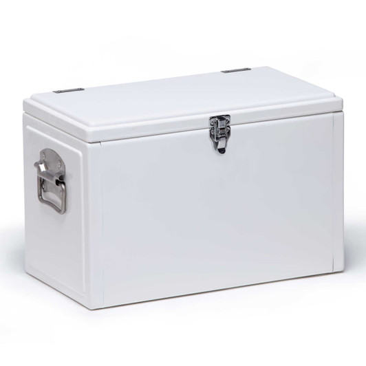 A white cooler box with a metal latch and handle, featuring a sleek design and branding.