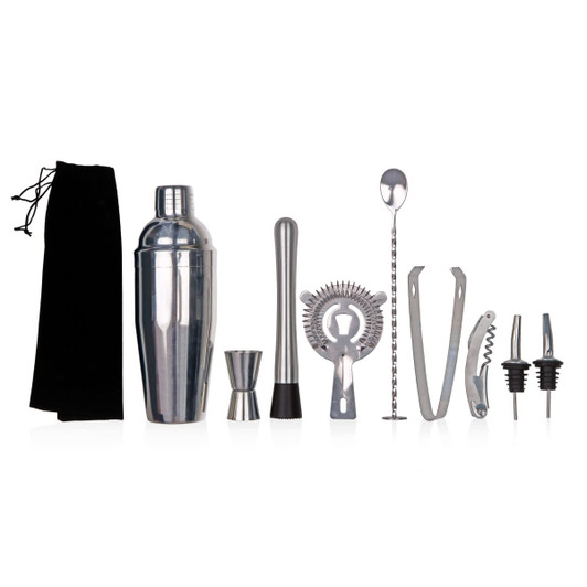 A stainless steel cocktail shaker set featuring a shaker, jigger, strainer, muddler, stirring spoon, corkscrew, tongs, and pour spouts.