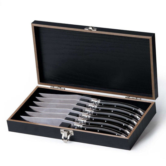 A Euro 6 pcs knife set in a black wooden box, featuring silver-toned blades and black handles.