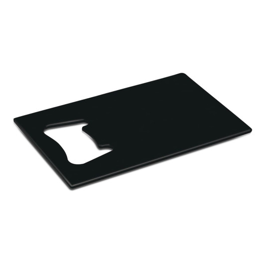A drink bottle opener in a sleek black design with a rectangular shape and a cut-out for grip.