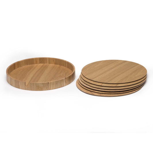 A set of six wooden placemats in a light brown finish, with a matching storage tray.