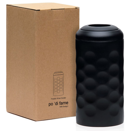 A drink bottle with a textured black surface, placed next to a brown cardboard box. The product has branding.