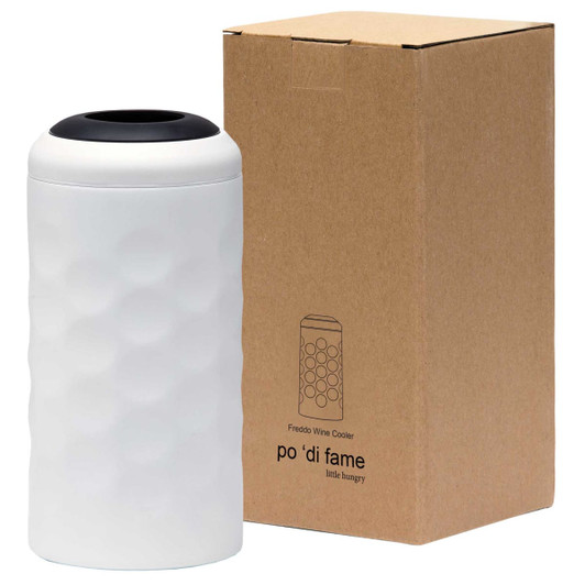 A drink bottle in white with a textured surface, next to a plain brown box. Features a lid and branding.