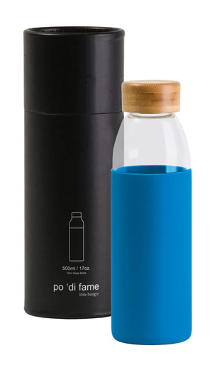 A drink bottle with a clear glass body, blue silicone sleeve, and wooden lid, presented in a black cylindrical box.