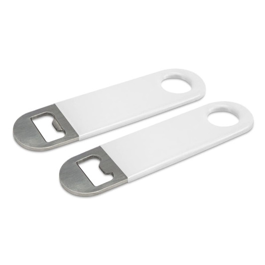 A drink bottle opener set featuring two small white openers with a stainless steel end for easy bottle opening.
