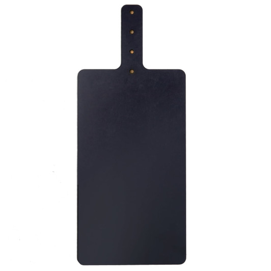 A dark-coloured serving board with a handle and three decorative holes at the top.