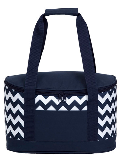 A round cooler bag featuring a navy blue and white chevron pattern with sturdy handles.