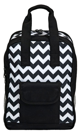 A black and white chevron-patterned cooler bag with a front pocket and mesh side pockets. It has two sturdy handles.
