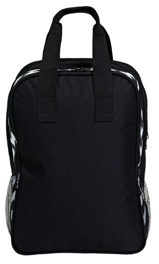 A black picnic bag with two handles, featuring side mesh pockets and a zip closure. It has branding on the front.