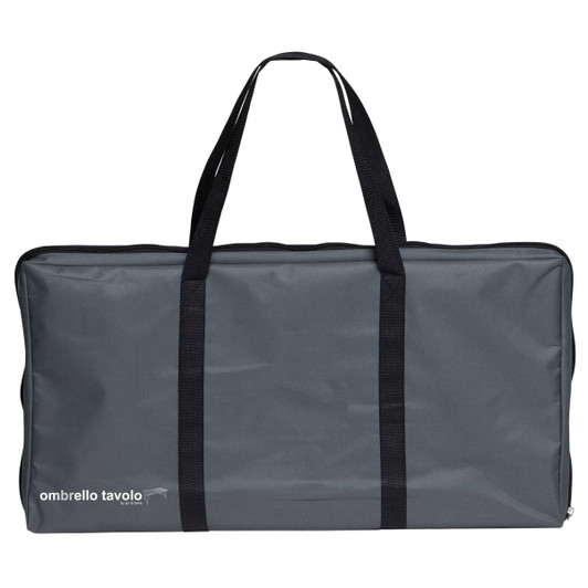 A grey carry bag with black straps, featuring a logo, designed for the Ombrello Tavolo Table.