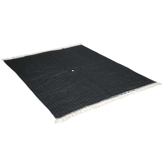 A dark green picnic blanket with a textured surface and white fringes along the edges. It features a central hole.