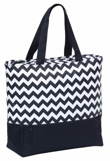 A black and white striped cooler tote with a zigzag pattern and a black zippered bottom compartment.