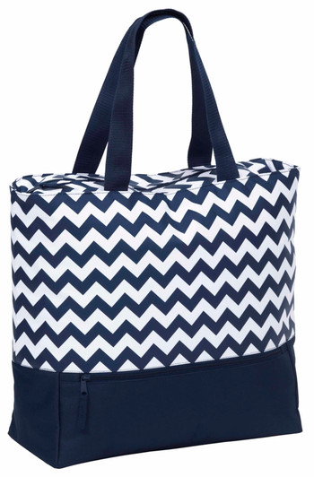 A navy and white chevron patterned tote bag with sturdy handles and a zippered pocket at the bottom.