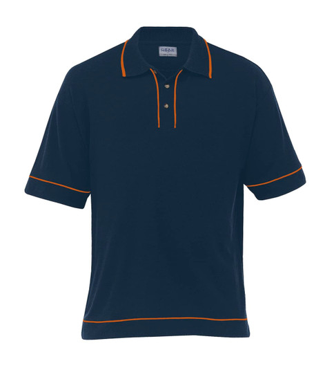 A navy blue polo shirt with orange piping and three buttons, featuring a logo on the chest.