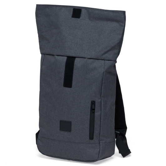 A grey roll-top backpack with a zipped pocket and a logo, featuring adjustable straps and a sleek design.