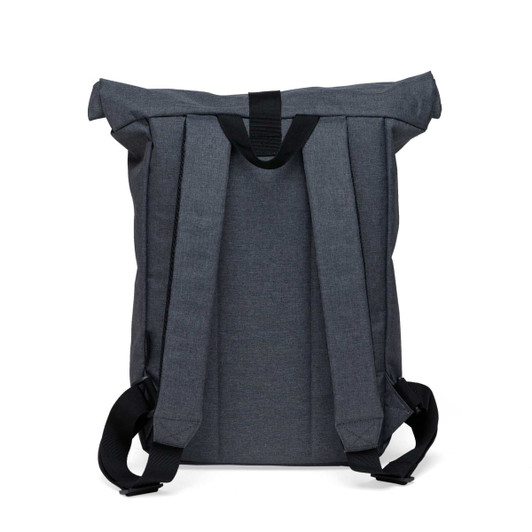A roll-top backpack in dark grey with black straps and a top opening. Features a simple, modern design.
