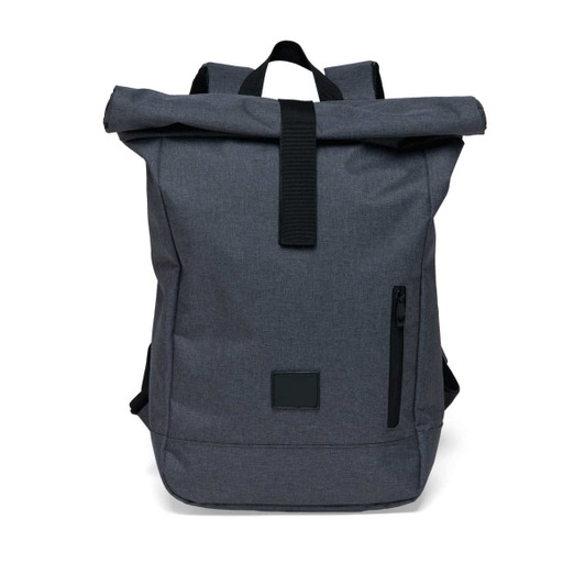 A grey roll-top backpack with adjustable straps, a front zip pocket, and a small logo patch.
