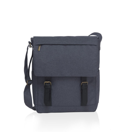 A grey messenger bag with adjustable straps and buckle closures. The bag features a logo on the front.