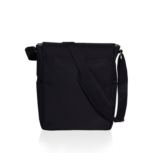 A black messenger bag with a adjustable strap and a front pocket, featuring a logo. Ideal for laptops and everyday use.