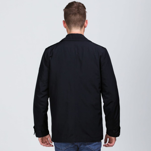 A black trench coat jacket, featuring a simple design and a back view of a model wearing it.