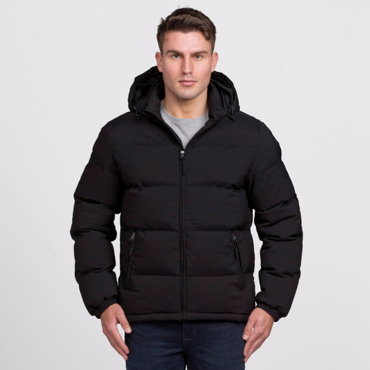 A black puffer jacket with a hood, featuring a zip front and side pockets, worn by a standing model.