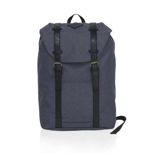 A grey front-side backpack with black straps and a flap closure. It features a logo on the front.