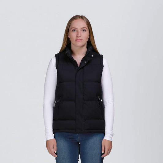A black puffa vest with two zippered pockets, featuring a high collar and a fitted design.