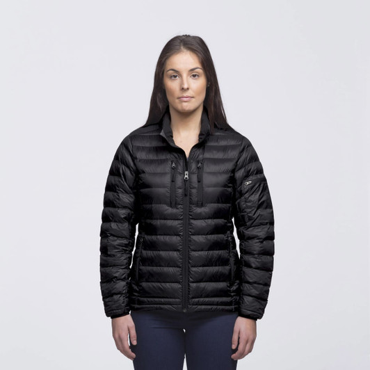 A black puffer jacket with a zip front and a slim fit, featuring a branded logo on the left side.
