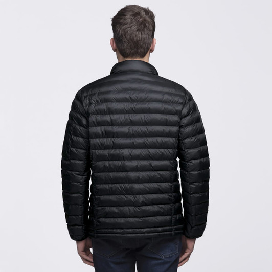 A black puffer jacket with a quilted design, featuring a collar and long sleeves, viewed from the back.