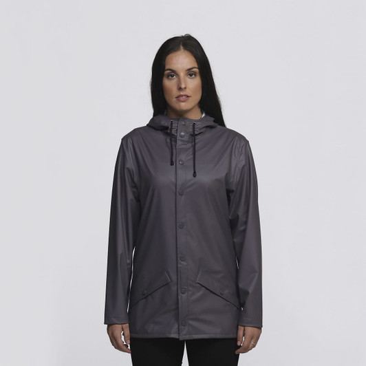 A grey rain jacket with a hood, featuring a front zip and snap buttons, worn by a model.