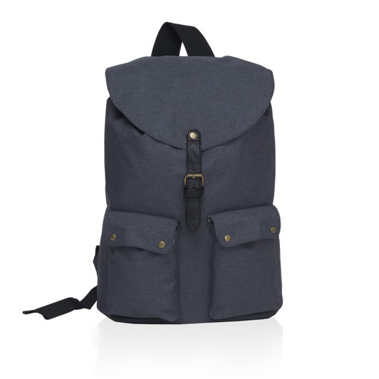 A dark grey backpack with a flap closure, featuring two front pockets and a logo.