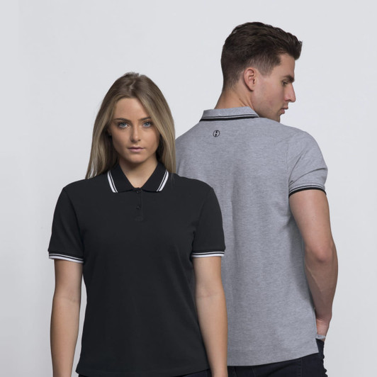 A black and grey polo shirt, featuring contrasting stripes on the collar and sleeves, with a small logo on the back.