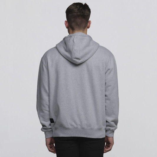A grey men's vintage hoodie with a hood, featuring a logo on the side.