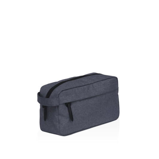 A grey toiletry bag with a zip closure and a side handle, featuring a simple design and an attached logo.