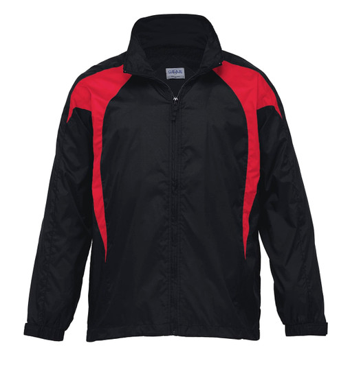 A black jacket with red spliced detailing and a zip front. It features a stand-up collar and has a logo.