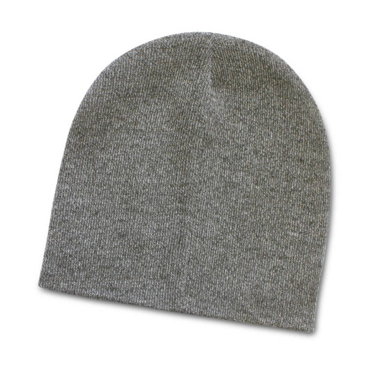 A gray knit beanie with a soft texture, featuring a heather finish.
