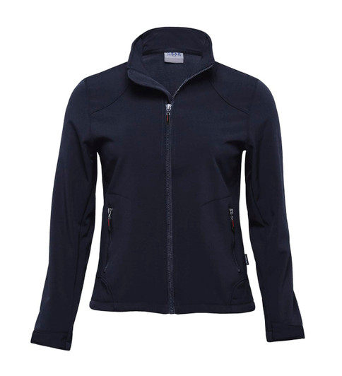 A soft shell jacket in navy blue, featuring a zip front and pockets, with a logo on the chest.