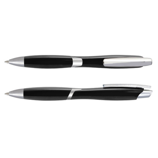 A sleek black pen with silver accents, featuring a streamlined design and a branded logo.