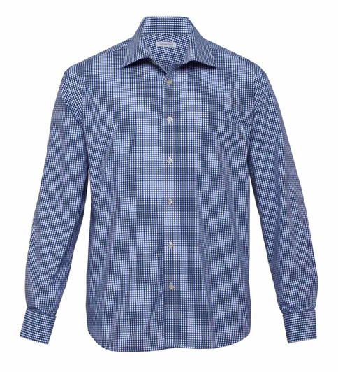 A blue and white check button-up shirt for men with a chest pocket and long sleeves. Features a logo on the collar.